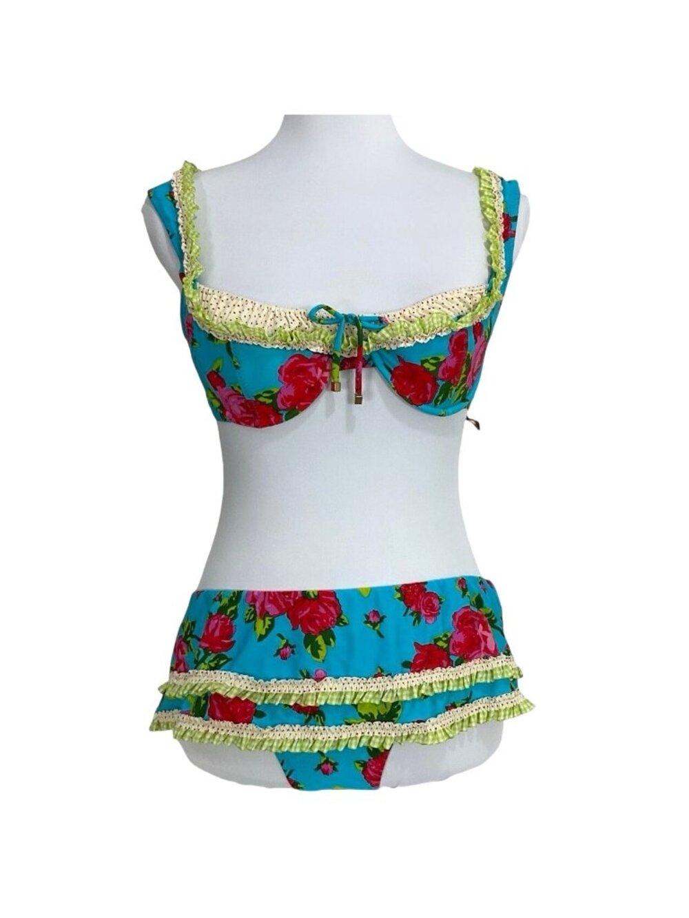 Betsey Johnson Turquoise Roses Bikini Set L Ruffle Skirt